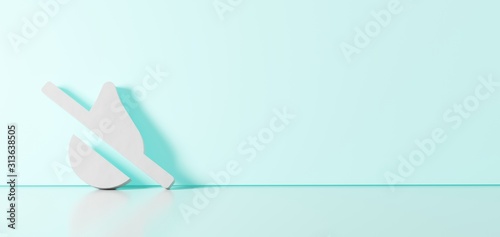 3D rendering of white symbol of tint slash icon leaning on color wall with floor reflection with empty space on right side