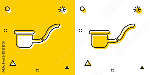 Black Smoking pipe with smoke icon isolated on yellow and white background. Tobacco pipe. Random dynamic shapes. Vector Illustration