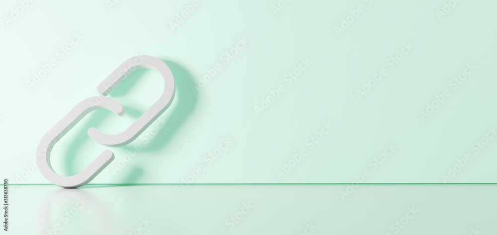 3D rendering of white symbol of unlink icon leaning on color wall with floor reflection with empty space on right side