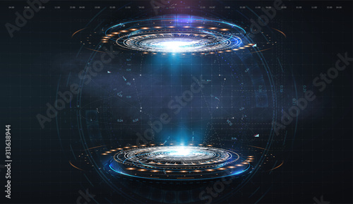Futuristic circle vector HUD, GUI, UI interface screen design. Abstract style on blue background. Abstract vector background. Abstract technology communication design innovation concept background. photo