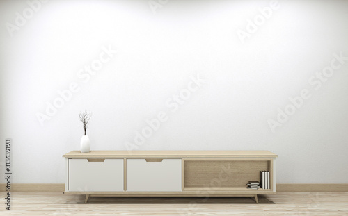 Smart Tv led on cabinet design, Minimal room white wall background. 3D rendering