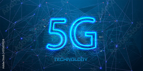 Wireless communication network,abstract image visual, internet of things. 5G concept of internet connection technology. 5G Design template neon sign, light banner, neon signboard. Vector illustration