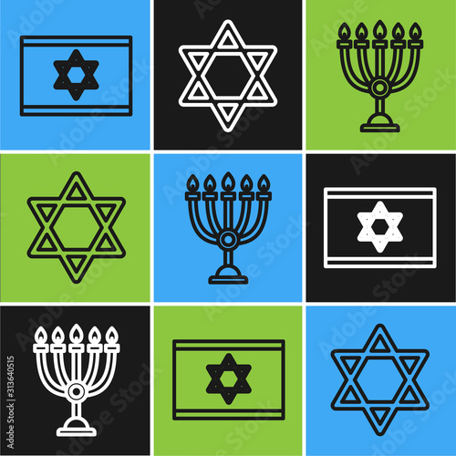 Set line Flag of Israel, Hanukkah menorah and Star of David icon. Vector