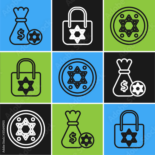 Set line Jewish money bag with star of david and coin, Jewish coin and Shopping bag with star of david icon. Vector photo