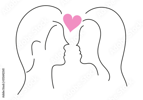 Hombre y mujer mirándose con un corazón en medio.