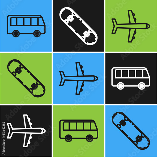 Set line Bus, Plane and Skateboard icon. Vector