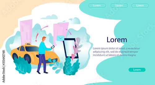 Taxi services banner template flat vector illustration. Passengers car transportation online booking and ordering background with man cartoon character using phone for cab finding.