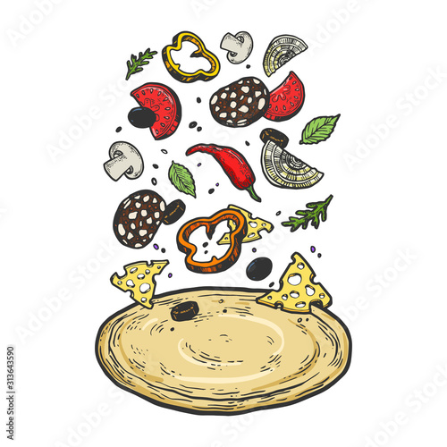 Pizza with flying ingredients sketch engraving vector illustration. Pizza cooking metaphor. T-shirt apparel print design. Scratch board style imitation. Hand drawn image.