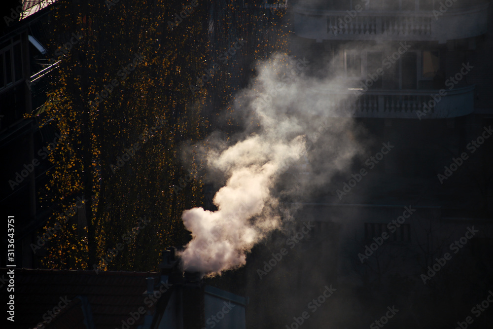 Smoking chimneys at roofs of houses emits smoke, smog at sunrise, pollutants enter atmosphere. Environmental disaster. Harmful emissions and exhaust gases into air. Fog, winter day, heating season.