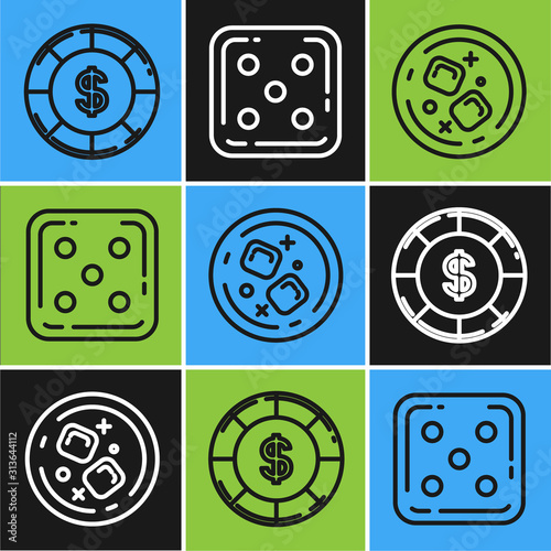 Set line Casino chip with dollar symbol, Glass of whiskey and ice cubes and Game dice icon. Vector