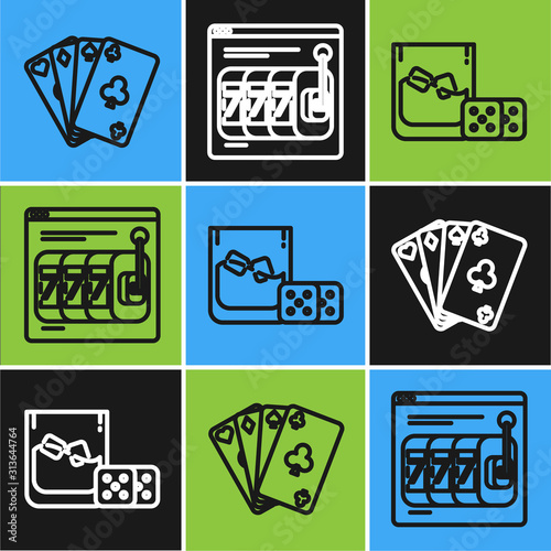 Set line Playing cards, Game dice and glass of whiskey with ice cubes and Online slot machine with lucky sevens jackpot icon. Vector