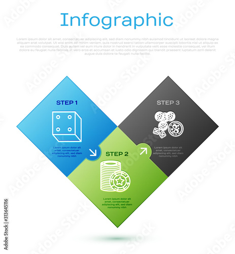 Set line Game dice, Casino chips, game dice and glass of whiskey with ice cubes and Casino chips. Business infographic template. Vector