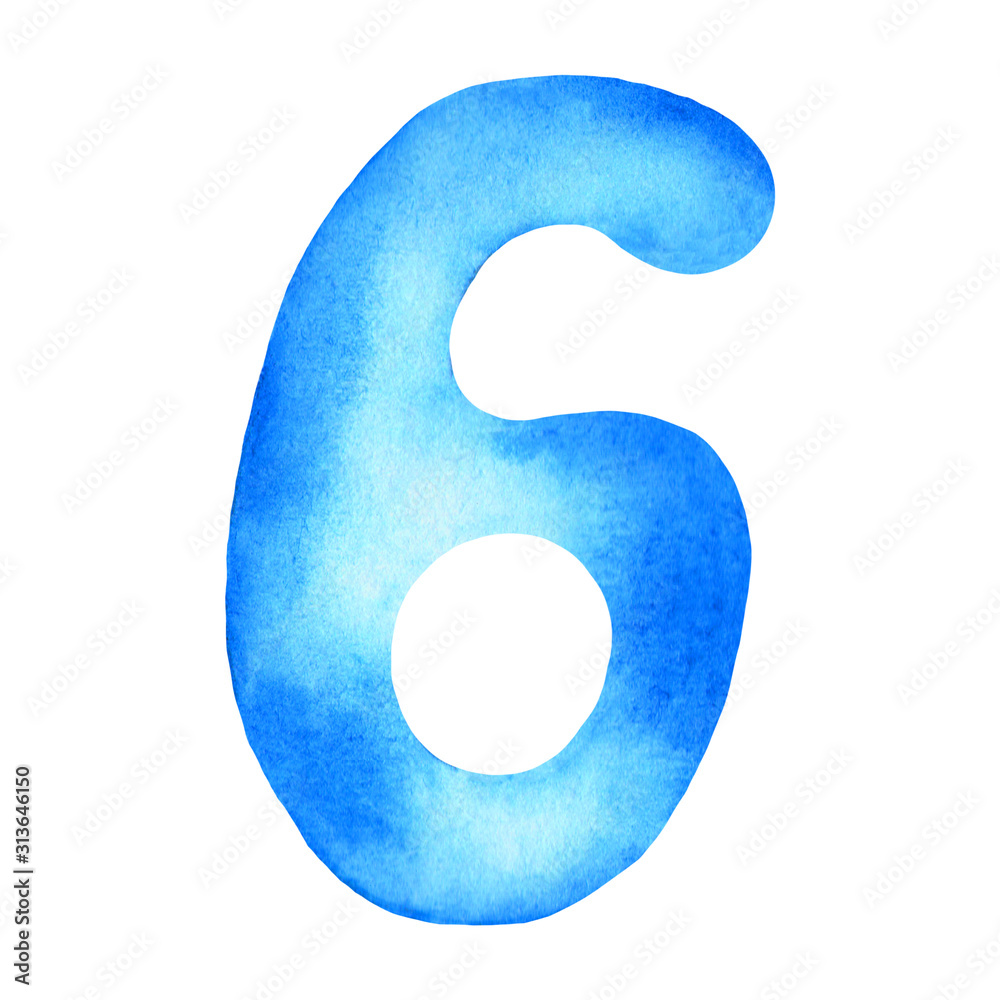 Number 6. Watercolor classic blue hand drawn alphabet