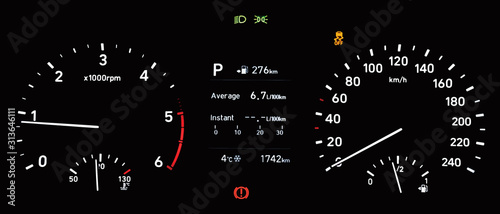 Illustration of average fuel consumption display between circular speedometer and tachometer. Car instrument panel with display fuel range, fuel and temperature gauge, odometer, traction control icon.