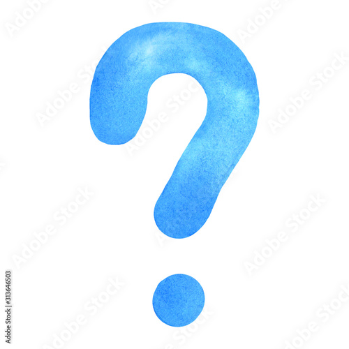 Question mark. Handwritten blue font. Watercolor