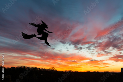 Silhouette of weather vane with witch flying on broomstick © sergei_fish13
