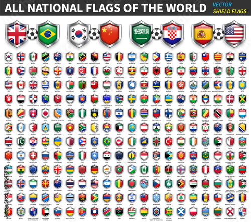 All national flags of the world . Shield flag design . Sport and soccer competition concept . Element vector .