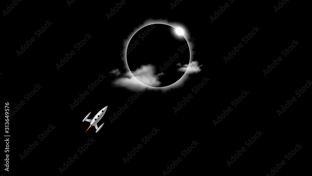 A rocket flying to the sun, which is in eclipse with the moon and surrounded by a corona. Travel from the earth to the moon with the solar eclipse.