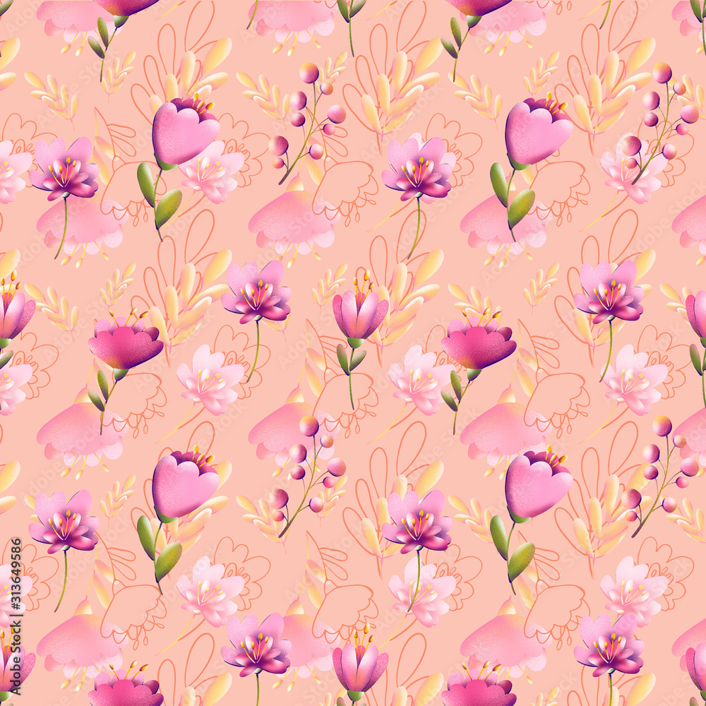 Digital illustration of a trendy floral print pattern. Small tulips, leaves and berries in a seamless texture. Summer and spring motif for cards, banners, fabrics, invitations. Digital illustration of a trendy floral print pattern. Small tulips, leaves and berries in a seamless texture. Summer and spring motif for cards, banners, fabrics, invitations.