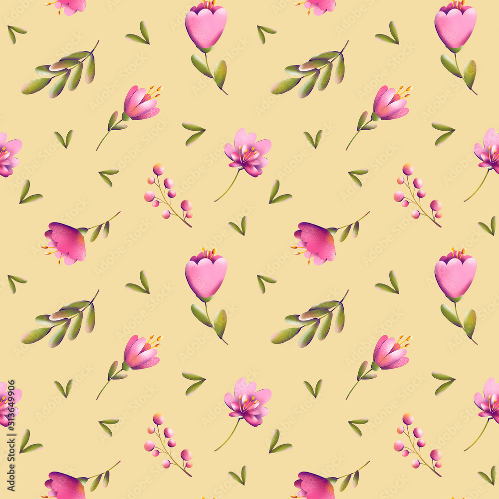 Digital illustration of a trendy floral print pattern. Small tulips, leaves and berries in a seamless texture. Summer and spring motif for cards, banners, fabrics, invitations. Digital illustration of a trendy floral print pattern. Small tulips, leaves and berries in a seamless texture. Summer and spring motif for cards, banners, fabrics, invitations.