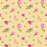 Digital illustration of a trendy floral print pattern. Small tulips, leaves and berries in a seamless texture. Summer and spring motif for cards, banners, fabrics, invitations.