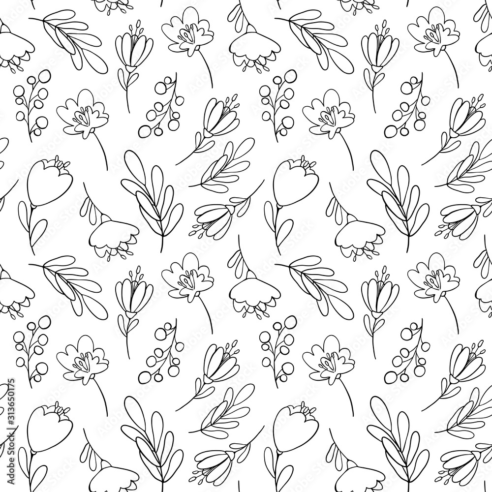 Fototapeta premium Digital illustration of a trendy floral black contour print pattern. Small tulips, leaves and berries in a seamless texture. Summer and spring motif for cards, banners, fabrics, invitations.