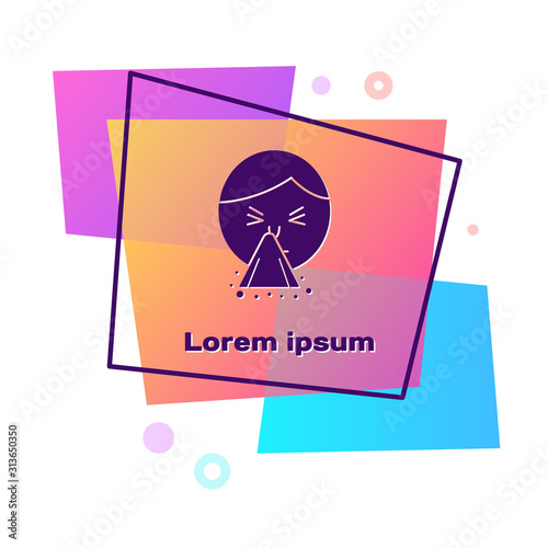 Purple Man holding handkerchief or napkin to his runny nose icon isolated on white background. Coryza desease symptoms. Color rectangle button. Vector Illustration