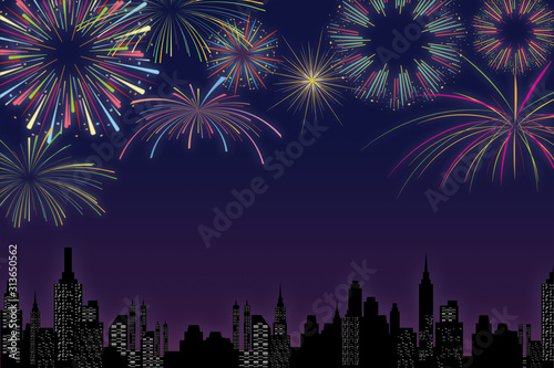festival colorful fireworks and fireworks rockets for greeting card and party poster.Celebration and cheerful holiday