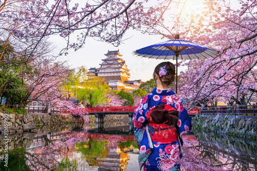 Quadro su tela Asian woman wearing japanese traditional kimono looking at cherry blossoms and castle in Himeji, Japan