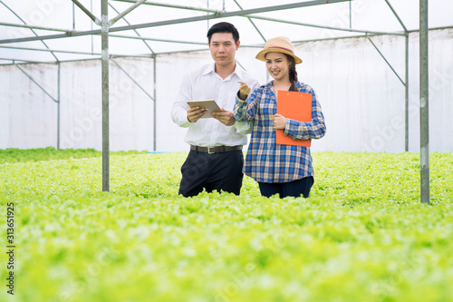 The owner of the vegetable farm inspected and recorded the quality of non-toxic vegetables in the hydroponic farm, with female farmers giving advice during the inspection.