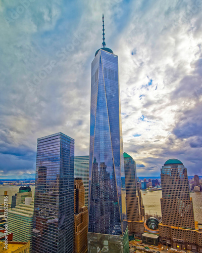 Skyline with Skyscrapers in Financial Center at Lower Manhattan, New York City, America. USA. American architecture building. Panorama of Metropolis NYC. Metropolitan Cityscape photo