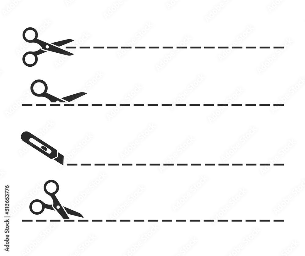 Fototapeta premium Scissors black icon with cut lines set. Vector illustration