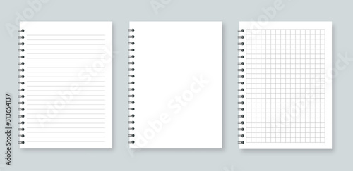Set of vector illustrations sheets paper. Lined and square, on gray background
