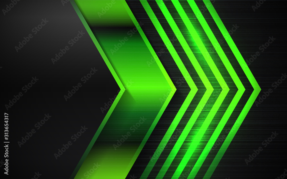 Obraz premium Abstract green arrow metallic texture on dark background. Futuristic design concept with technology innovation concept for use element wallpaper, cover, banner, poster, web, presentation