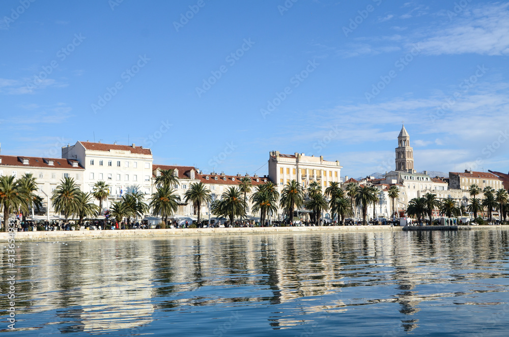 Old town of Split, Central Dalmatia, Croatia. Panorama. Palace of Diocletian, Riva promenade, Bell tower, Cathedral of Saint Domnius. Popular tourist destination. Harbour in Adriatic sea. 