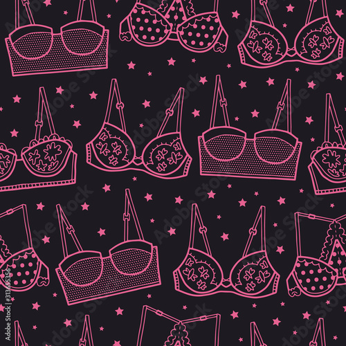 Vector lingerie texture pattern in pink and black. Simple outline bra hand drawn made into repeat. Great for background, wallpaper, wrapping paper, packaging, fashion.