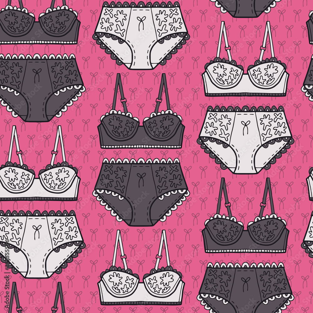 Vecteur Stock Vector lingerie pattern in pink and grey. Simple outline bra  & panties set hand drawn made into repeat. Great for background, wallpaper,  wrapping paper, packaging, fashion. | Adobe Stock
