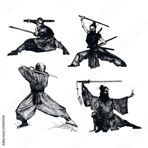 Ninja Soldiers with Weapons Isolated on White Background Vector Sketched Illustrations Set