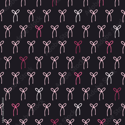 Vector bow pattern in pink and black. Simple bow shape made into geometric repeat. Great for background, wallpaper, wrapping paper, packaging, fashion.