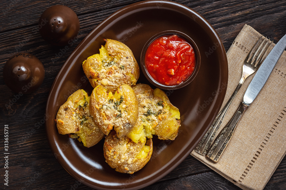 Crispy smashed potatoes roasted with garlic and parmesan. Crispy smashed potatoes roasted with garlic and parmesan.