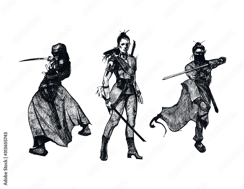 Ninja Characters Wearing Mask in Fighting Pose Isolated on White Background Vector Sketched Illustrations Set Ninja Characters Wearing Mask in Fighting Pose Isolated on White Background Vector Sketched Illustrations Set