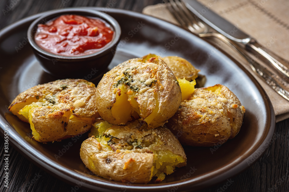 Crispy smashed potatoes roasted with garlic and parmesan. 