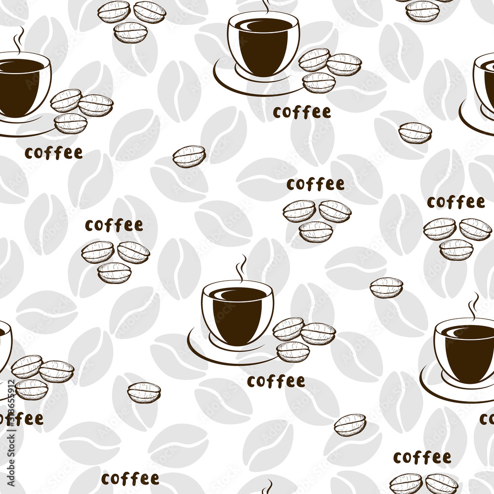 Obraz premium Decorative vector seamless pattern with illustration of cups and coffee beans. Background with beverages dishes art and calligraphy on white background.