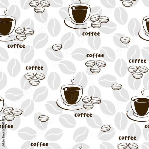 Decorative vector seamless pattern with illustration of cups and coffee beans. Background with beverages dishes art and calligraphy on white background. © barberry