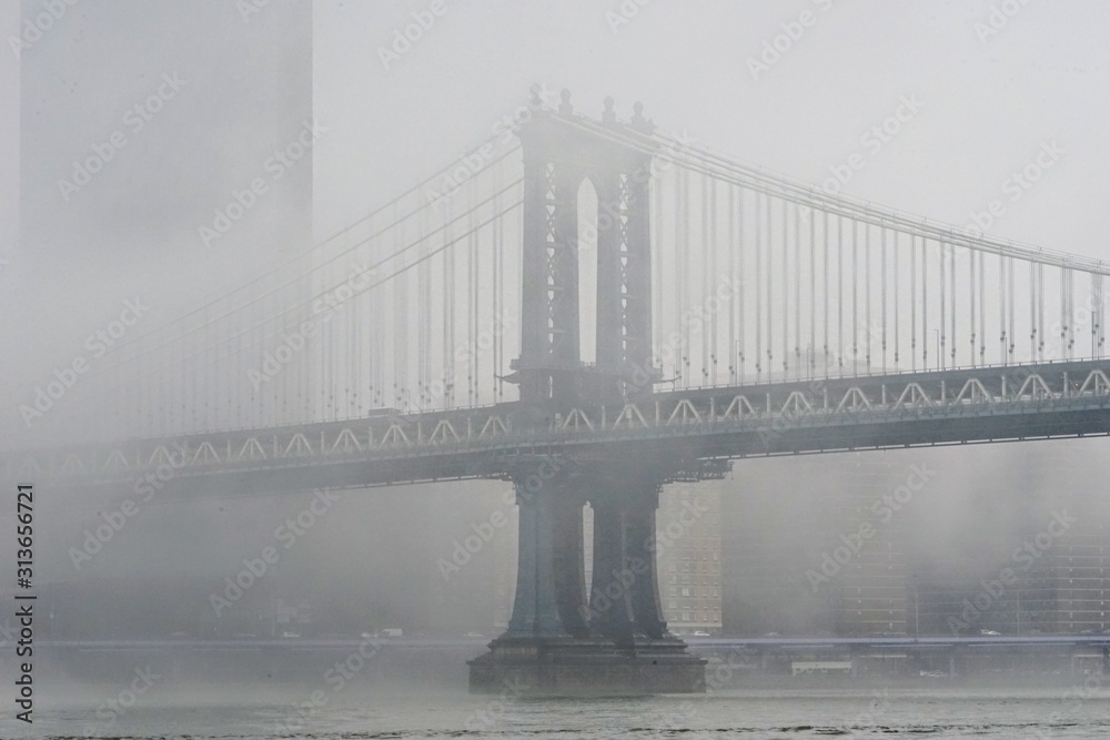 Manhattan Bridge and Skyline on a Foggy Day