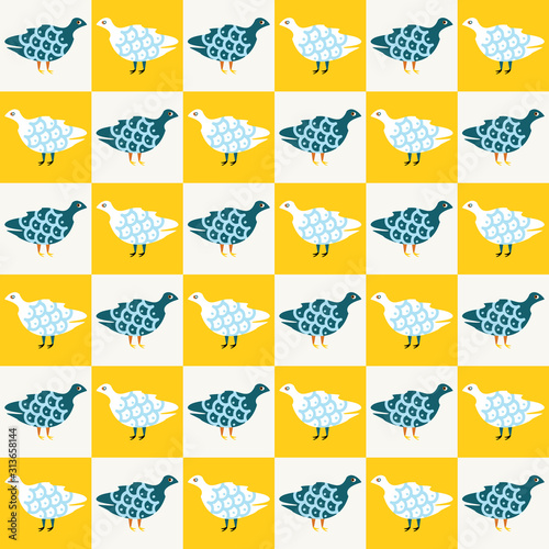 Funky cute bird mosaic vector seamless pattern. Hand drawn playfull birdies colorful background. Trendy colorful gender neutral kid decor scrapbook paper. Children animal guinea fowl all over print.
