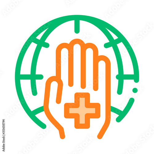 Cross On Hand Palm Planet Vector Thin Line Icon. Planet Protection Against Climate Environmental Problem, Industrial Pollution Linear Pictogram. Greenhouse Effect Global Warming Contour Illustration photo