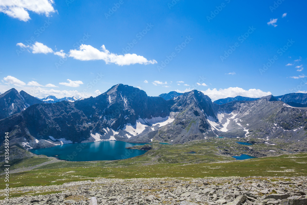 A view of the Yeshtu valley Alla-Askir lake. Mountain Altai landscape