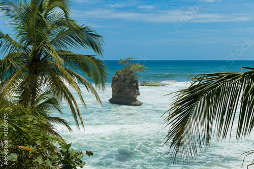 Big rock in the sea with waves crashing around and blue ocean in the back and Palmtrees in the front