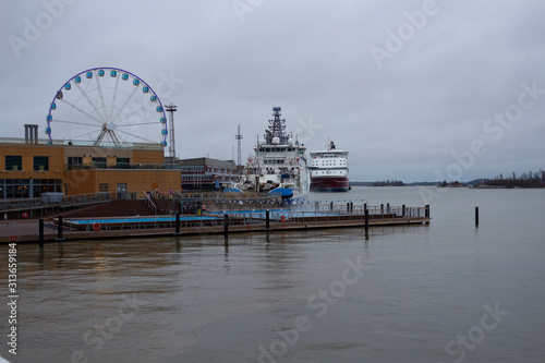 An outdoor pool on the seafront at the port in Helsinki is used by sauna lovers even in the cold season, in autumn and winter. Port, Helsinki, Finland